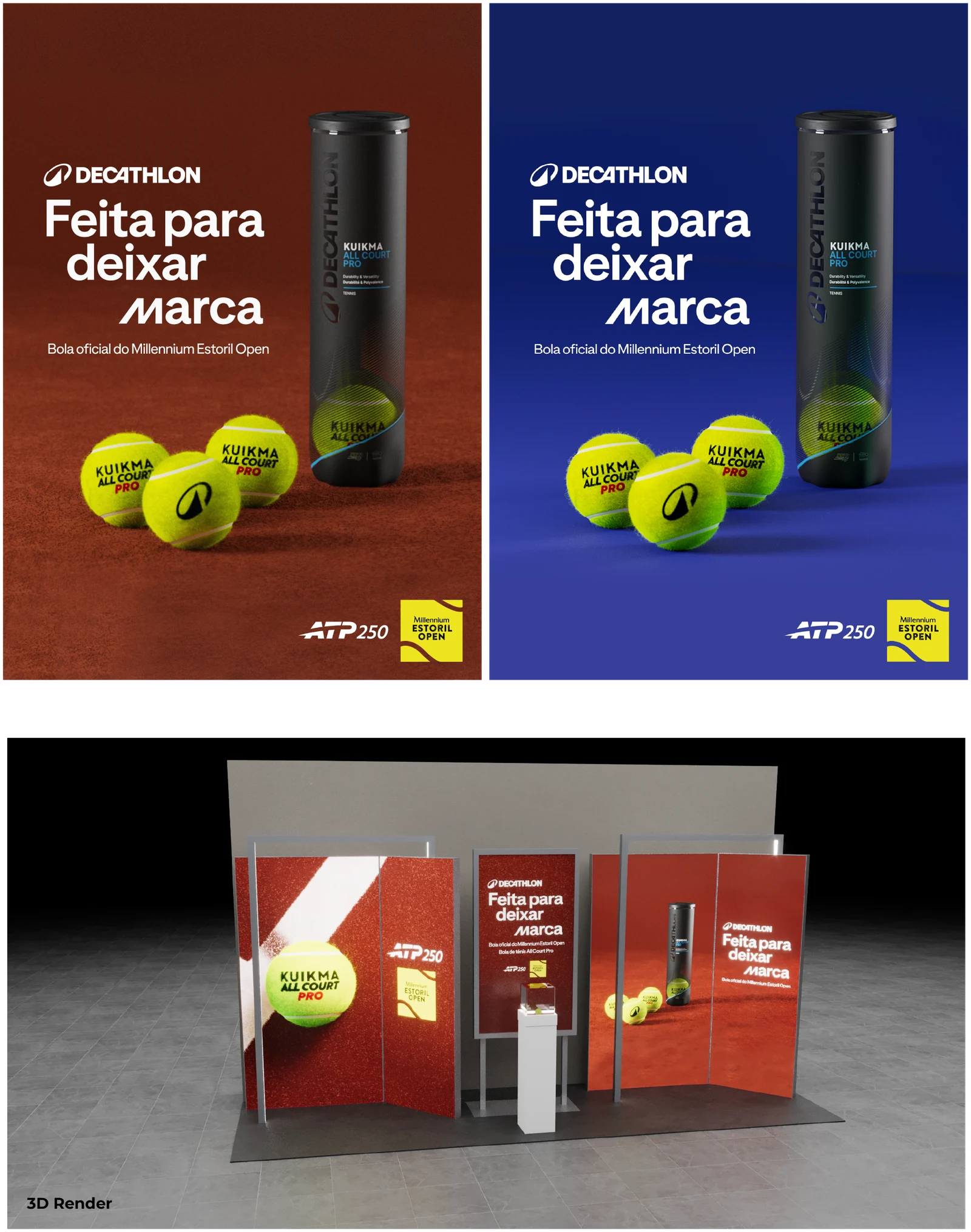 Instore and outstore key visual variants, plus 3D render of the retail stand